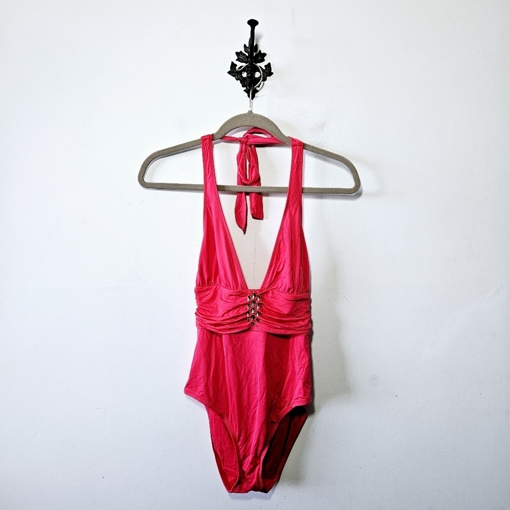 Trina Turk Meilani Border Halter Plunge One Piece Swimsuit Size 8